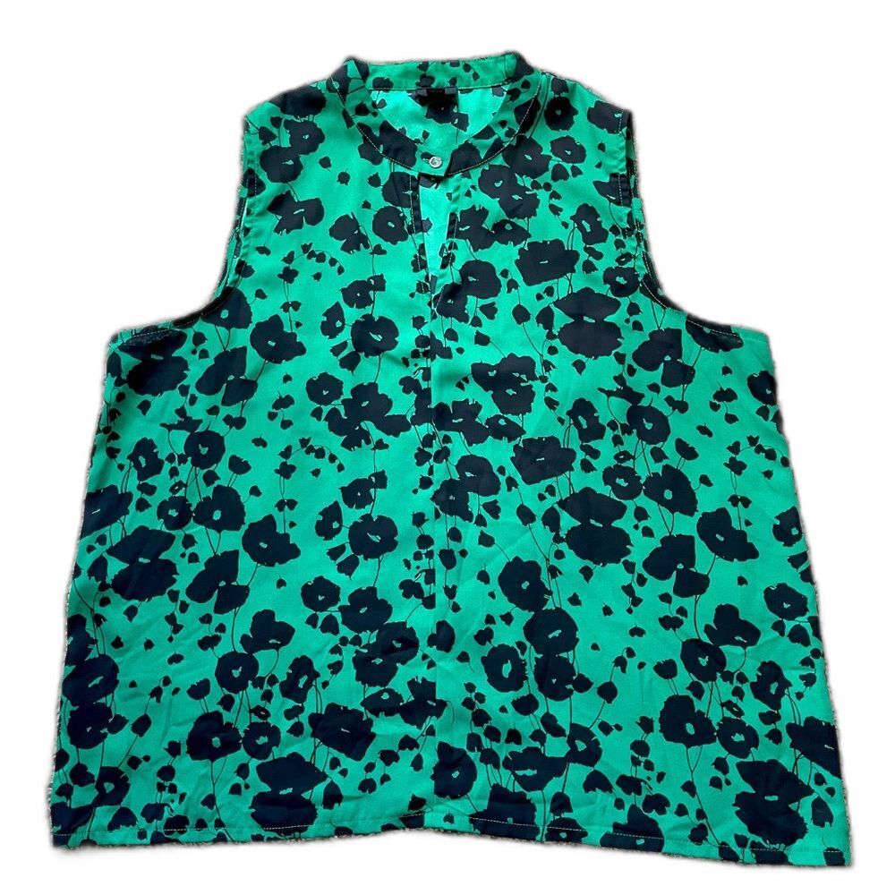 Worthington XL Green Black Floral Sleeveless Blouse Eclectic office workwear